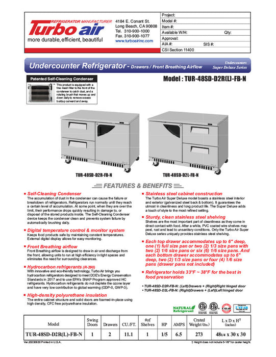 Turbo Air TUR-48SD-D2R(L)-FB-N 48 1/4" W Undercounter Refrigerator w/ 2 Drawers, 1 Door & Front Breathing - Donut-Supplies.Com