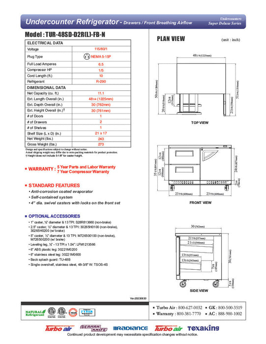 Turbo Air TUR-48SD-D2R(L)-FB-N 48 1/4" W Undercounter Refrigerator w/ 2 Drawers, 1 Door & Front Breathing - Donut-Supplies.Com