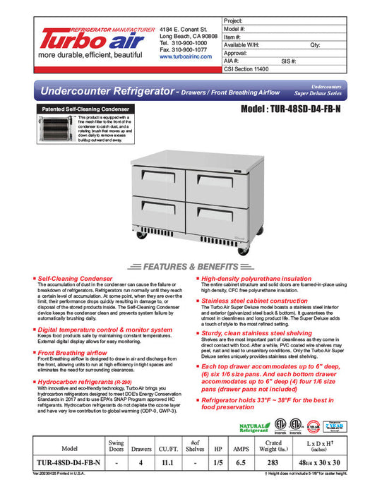 Turbo Air TUR-48SD-D4-FB-N 48 1/4" W Undercounter Refrigerator w/ 2 Sections, 4 Drawers & Front Breathing - Donut-Supplies.Com