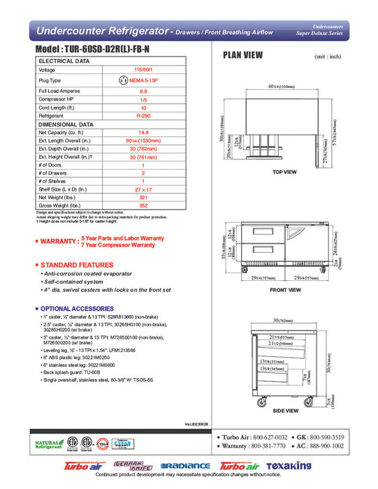 Turbo Air TUR-60SD-D2R(L)-FB-N 60 1/4" W Undercounter Refrigerator w/ 2 Drawers, 1 Door & Front Breathing - Donut-Supplies.Com