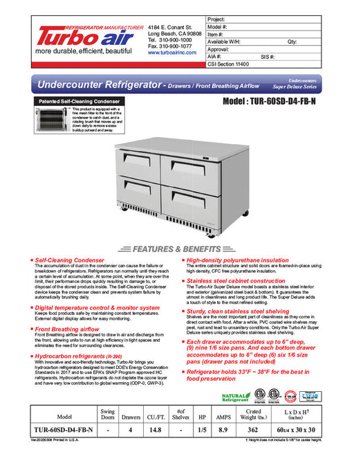 Turbo Air TUR-60SD-D4-FB-N 60 1/4" W Undercounter Refrigerator w/ 2 Sections, 4 Drawers & Front Breathing - Donut-Supplies.Com
