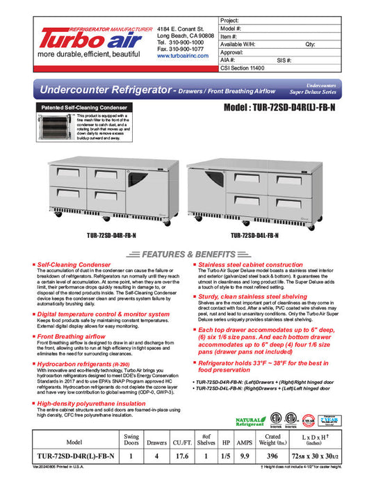 Turbo Air TUR-72SD-D4R(L)-FB-N 72 1/4" W Undercounter Refrigerator w/ 4 Drawers, 1 Door & Front Breathing - Donut-Supplies.Com