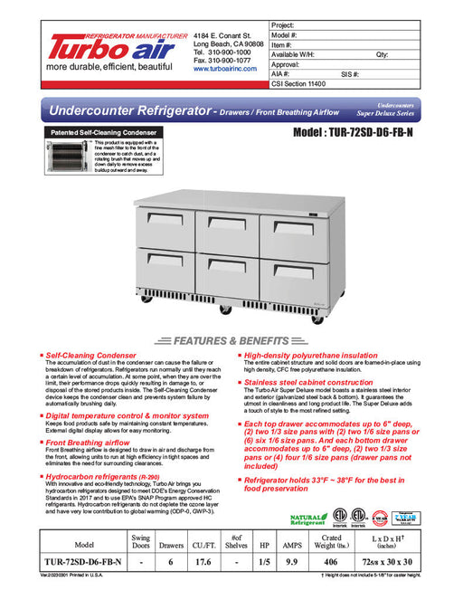Turbo Air TUR-72SD-D6-FB-N 72 1/4" W Undercounter Refrigerator w/ 3 Sections, 6 Drawers & Front Breathing - Donut-Supplies.Com
