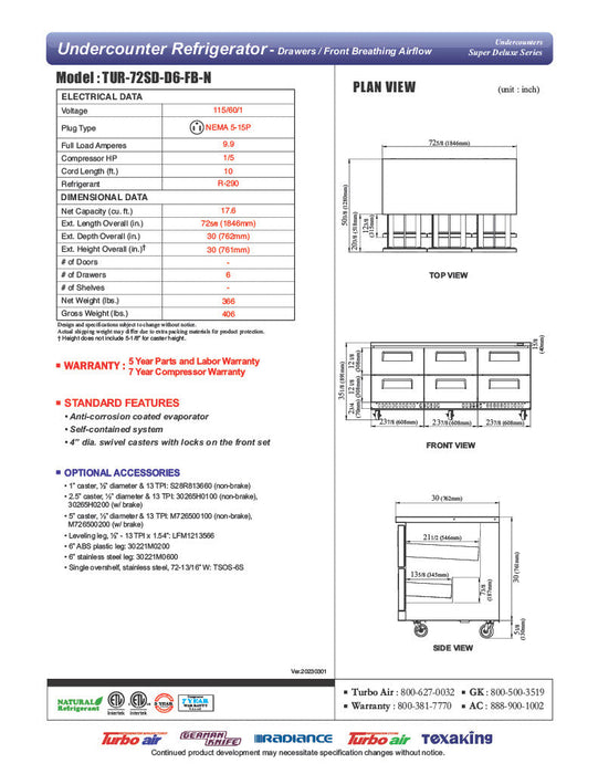 Turbo Air TUR-72SD-D6-FB-N 72 1/4" W Undercounter Refrigerator w/ 3 Sections, 6 Drawers & Front Breathing - Donut-Supplies.Com