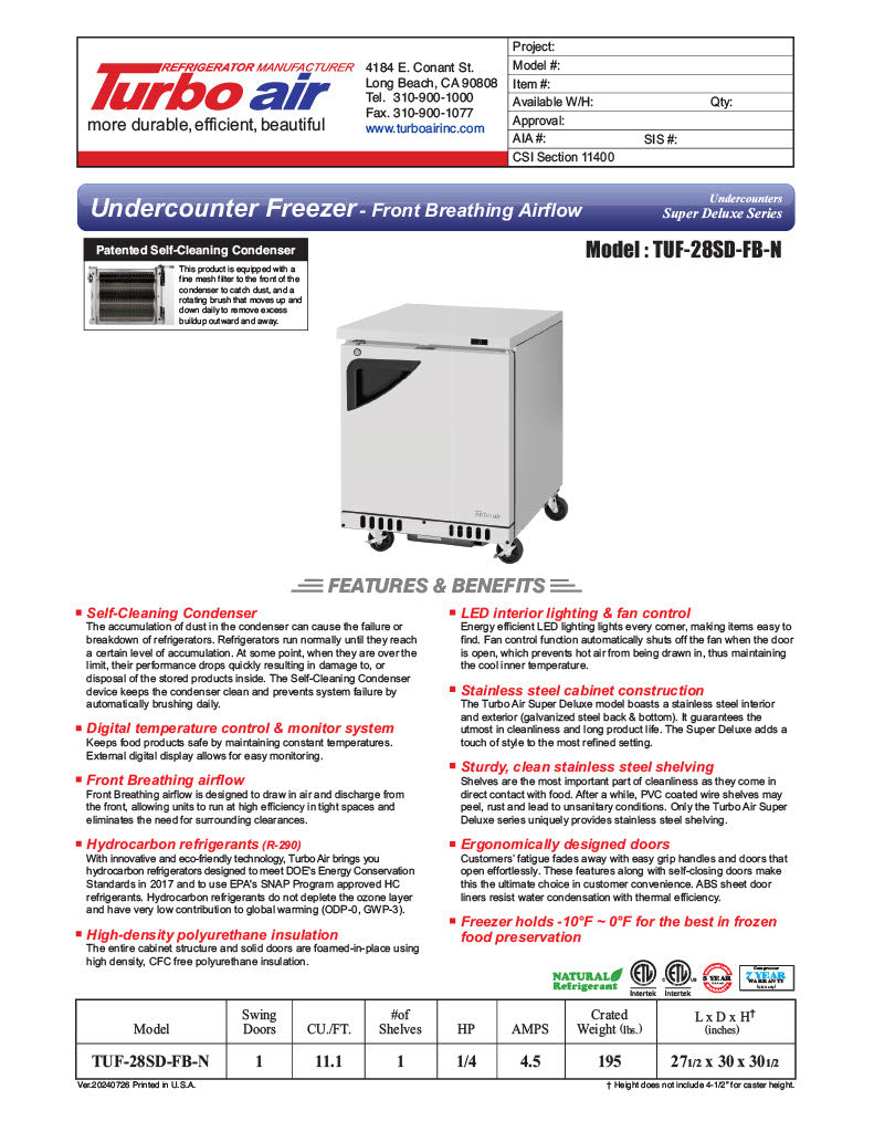 Turbo Air TUF-28SD-FB-N 27 1/2" W Undercounter Freezer w/ 1 Section, Solid Door & Front Breathing - Donut-Equipment.com