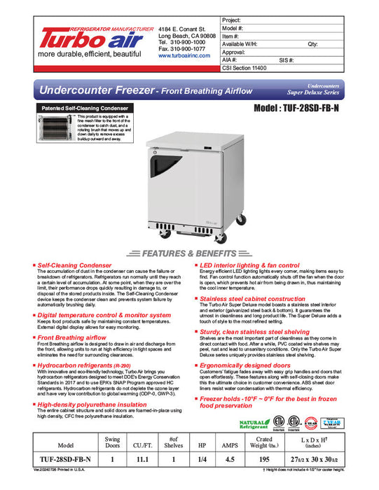 Turbo Air TUF-28SD-FB-N 27 1/2" W Undercounter Freezer w/ 1 Section, Solid Door & Front Breathing - Donut-Supplies.Com