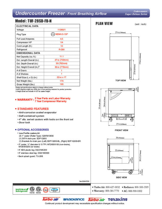 Turbo Air TUF-28SD-FB-N 27 1/2" W Undercounter Freezer w/ 1 Section, Solid Door & Front Breathing - Donut-Supplies.Com