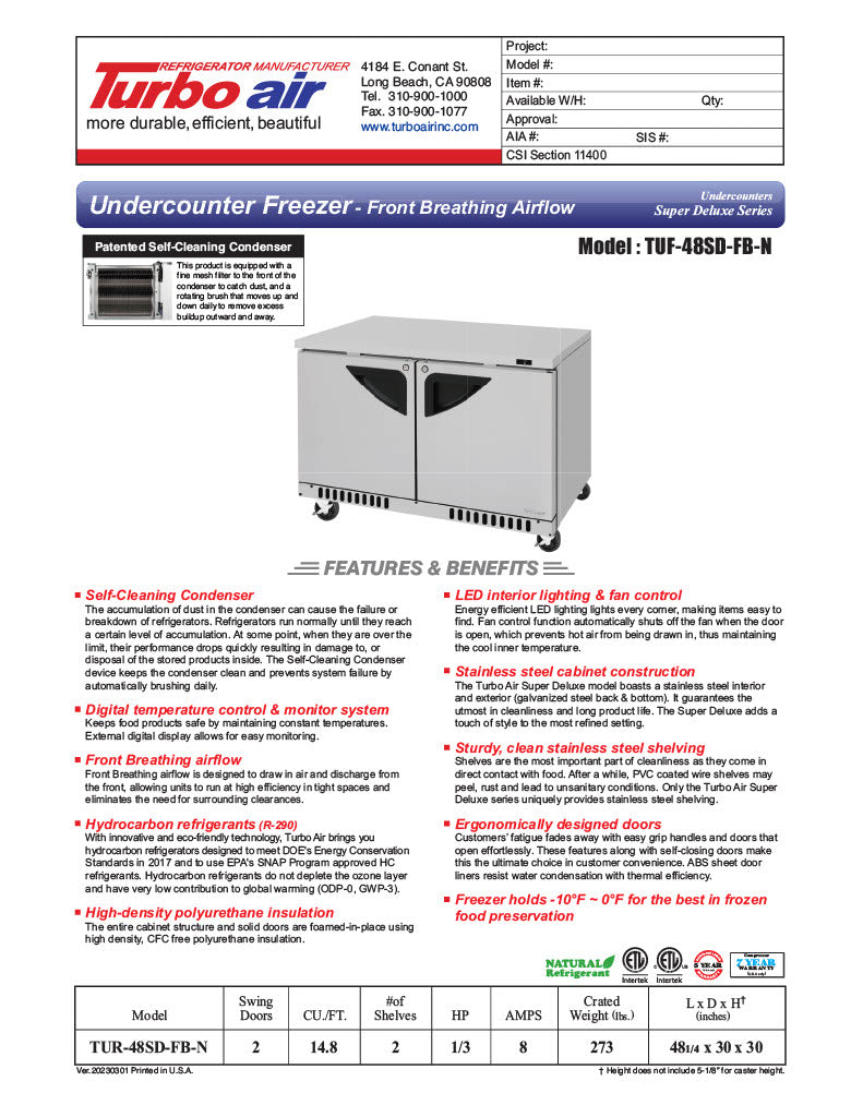 Turbo Air TUF-48SD-FB-N 48 1/4" W Undercounter Freezer w/ 2 Sections, Solid Doors & Front Breathing - Donut-Equipment.com