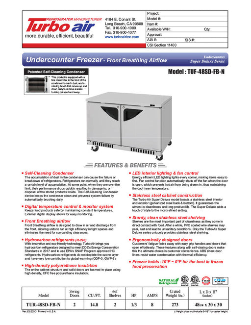 Turbo Air TUF-48SD-FB-N 48 1/4" W Undercounter Freezer w/ 2 Sections, Solid Doors & Front Breathing - Donut-Supplies.Com