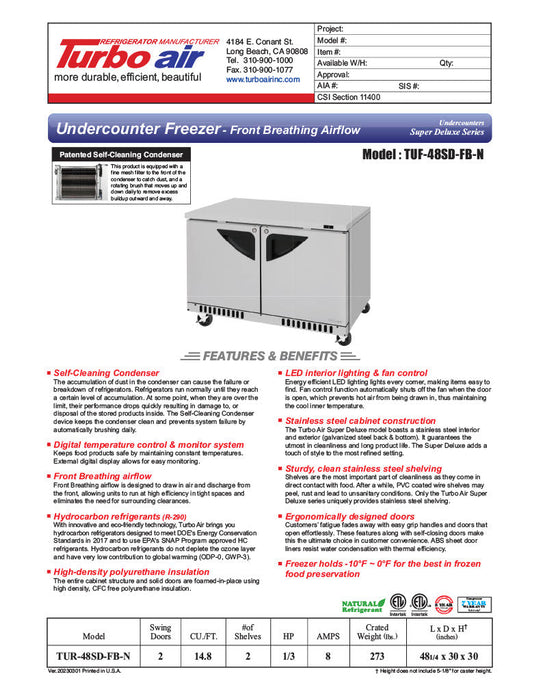Turbo Air TUF-48SD-FB-N 48 1/4" W Undercounter Freezer w/ 2 Sections, Solid Doors & Front Breathing - Donut-Supplies.Com