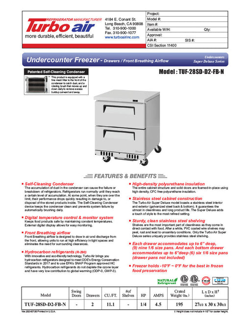 Turbo Air TUF-28SD-D2-FB-N 27 1/2" W Undercounter Freezer w/ 1 Section, 2 Drawers & Front Breathing - Donut-Supplies.Com