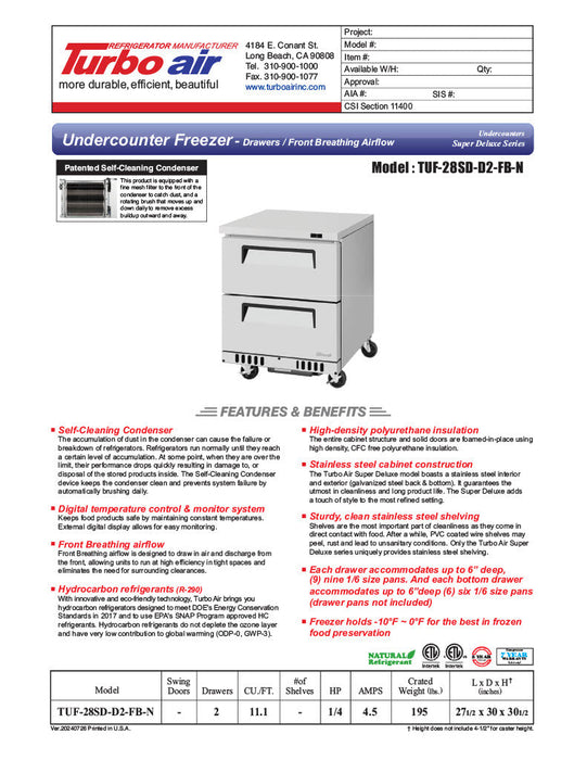 Turbo Air TUF-28SD-D2-FB-N 27 1/2" W Undercounter Freezer w/ 1 Section, 2 Drawers & Front Breathing - Donut-Supplies.Com