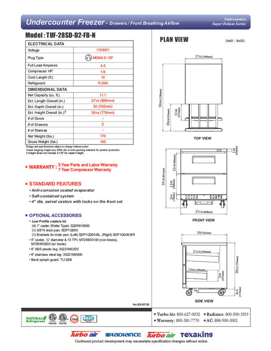 Turbo Air TUF-28SD-D2-FB-N 27 1/2" W Undercounter Freezer w/ 1 Section, 2 Drawers & Front Breathing - Donut-Supplies.Com