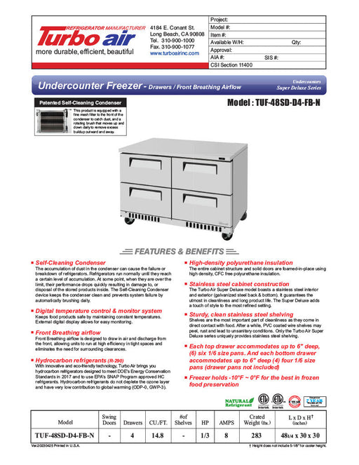 Turbo Air TUF-48SD-D4-FB-N 48 1/4" W Undercounter Freezer w/ 2 Sections, 4 Drawers & Front Breathing - Donut-Supplies.Com