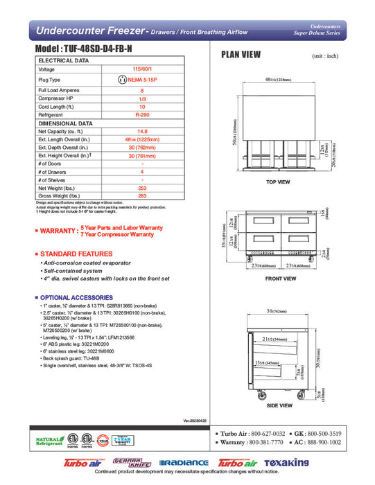 Turbo Air TUF-48SD-D4-FB-N 48 1/4" W Undercounter Freezer w/ 2 Sections, 4 Drawers & Front Breathing - Donut-Supplies.Com