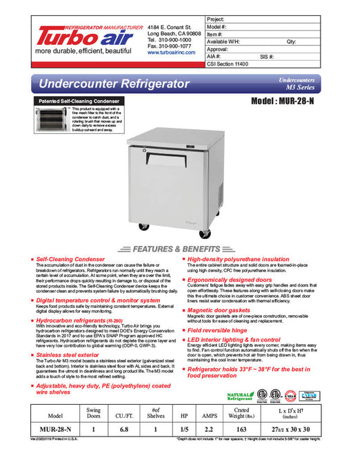 Turbo Air MUR-28-N 27 1/2" W Undercounter Refrigerator w/ 1 Section & Solid Door - Donut-Supplies.Com
