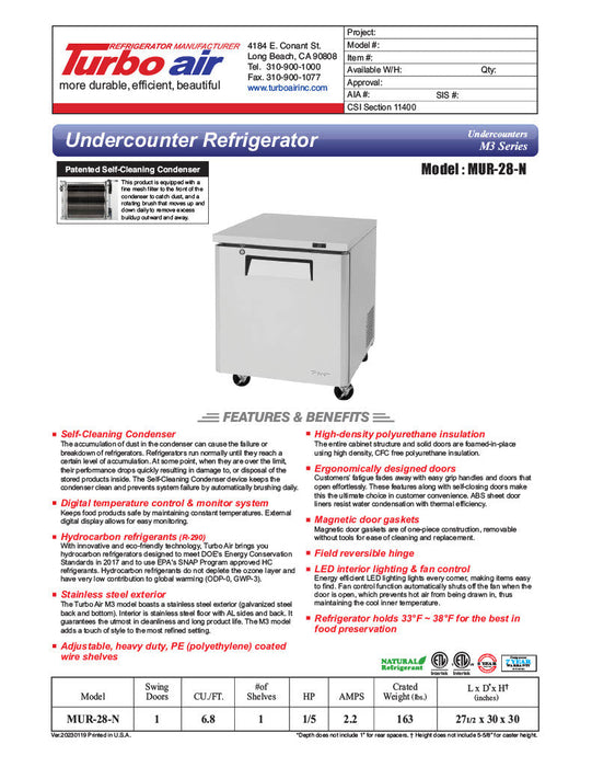 Turbo Air MUR-28-N 27 1/2" W Undercounter Refrigerator w/ 1 Section & Solid Door - Donut-Supplies.Com