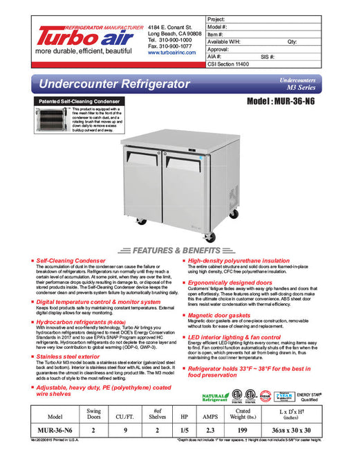 Turbo Air MUR-36-N6 36 1/4" W Undercounter Refrigerator w/ 1 Section, 2 Solid Doors & Hydrocarbon Refrigerant - Donut-Supplies.Com