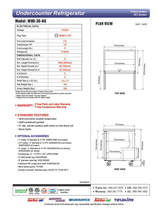 Turbo Air MUR-36-N6 36 1/4" W Undercounter Refrigerator w/ 1 Section, 2 Solid Doors & Hydrocarbon Refrigerant - Donut-Supplies.Com