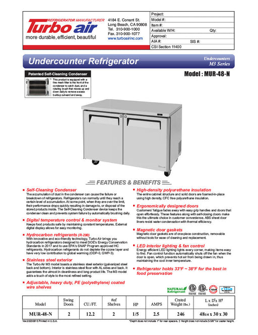 Turbo Air MUR-48-N 48 1/4" W Undercounter Refrigerator w/ 2 Sections & 2 Solid Doors - Donut-Supplies.Com