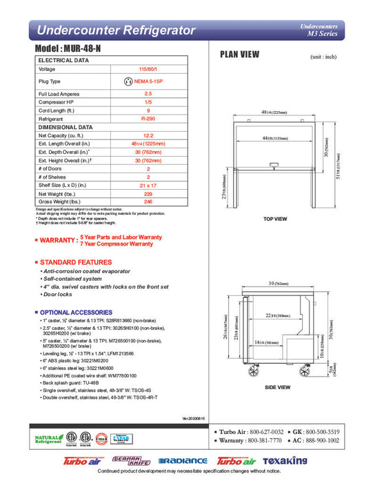 Turbo Air MUR-48-N 48 1/4" W Undercounter Refrigerator w/ 2 Sections & 2 Solid Doors - Donut-Supplies.Com