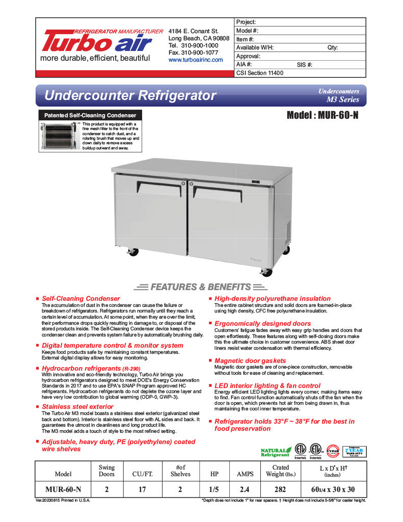 Turbo Air MUR-60-N 60 1/4" W Undercounter Refrigerator w/ 2 Sections & Solid Doors - Donut-Equipment.com