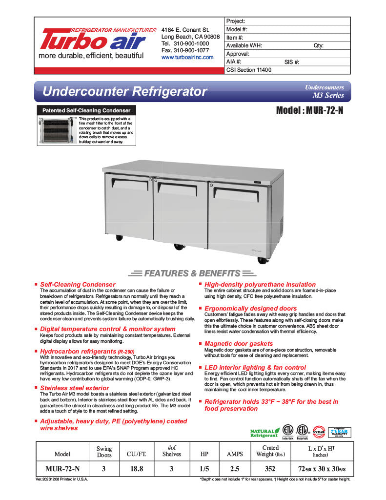 Turbo Air MUR-72-N 72 1/4" W Undercounter Refrigerator w/ 3 Sections & 3 Solid Doors - Donut-Equipment.com