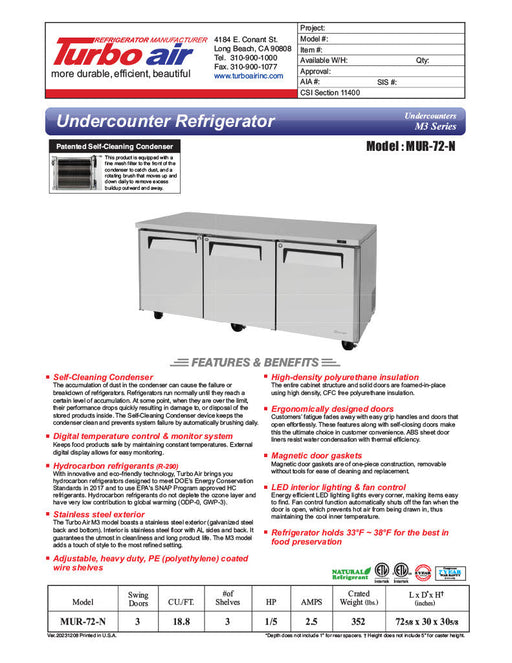 Turbo Air MUR-72-N 72 1/4" W Undercounter Refrigerator w/ 3 Sections & 3 Solid Doors - Donut-Supplies.Com