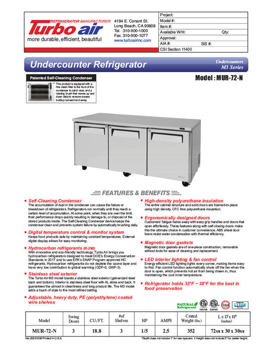 Turbo Air MUR-72-N 72 1/4" W Undercounter Refrigerator w/ 3 Sections & 3 Solid Doors - Donut-Supplies.Com