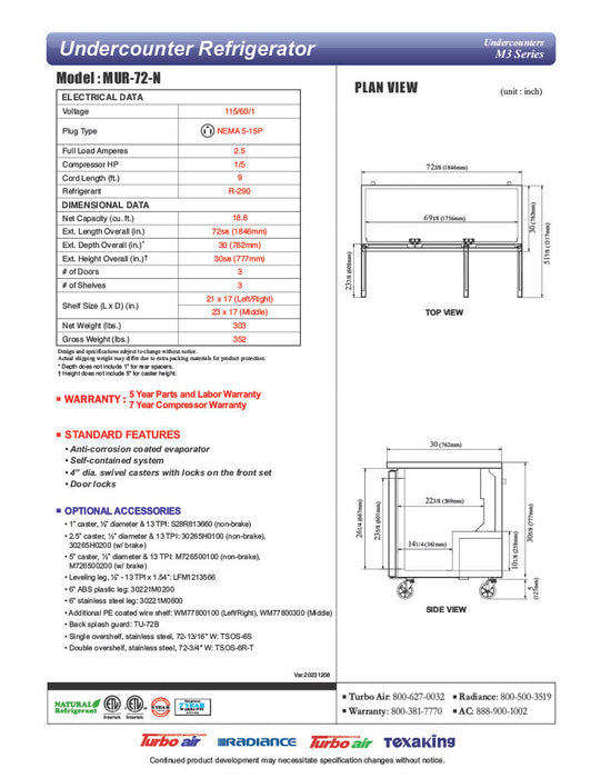 Turbo Air MUR-72-N 72 1/4" W Undercounter Refrigerator w/ 3 Sections & 3 Solid Doors - Donut-Supplies.Com