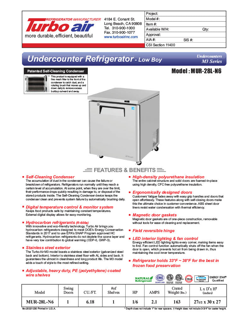 Turbo Air MUR-28L-N6 27 1/2" W Undercounter Refrigerator w/ 1 Section, Solid Door - Donut-Equipment.com