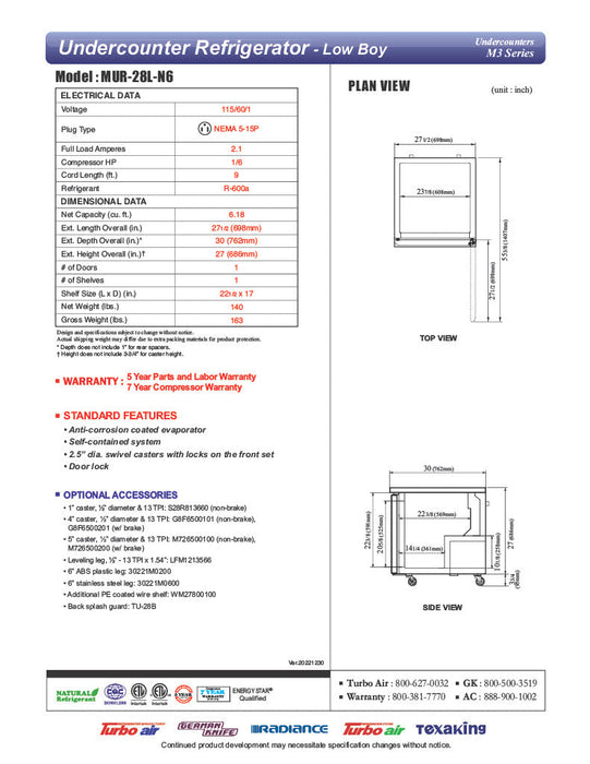 Turbo Air MUR-28L-N6 27 1/2" W Undercounter Refrigerator w/ 1 Section, Solid Door - Donut-Supplies.Com