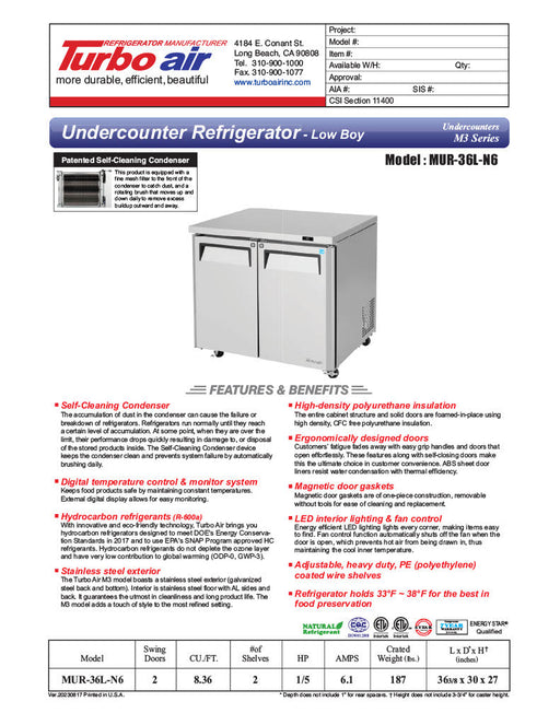 Turbo Air MUR-36L-N6 36 1/4" W Undercounter Refrigerator w/ 1 Section, 2 Solid Doors - Donut-Supplies.Com