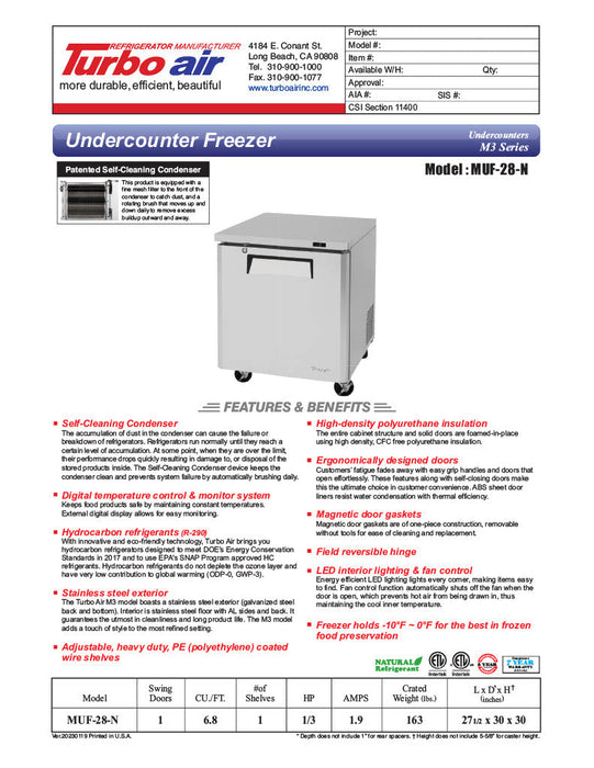 Turbo Air MUF-28-N 27 1/2" W Undercounter Freezer w/ 1 Section & 1 Solid Door - Donut-Supplies.Com