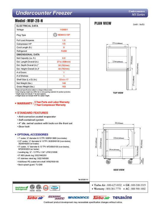 Turbo Air MUF-28-N 27 1/2" W Undercounter Freezer w/ 1 Section & 1 Solid Door - Donut-Supplies.Com