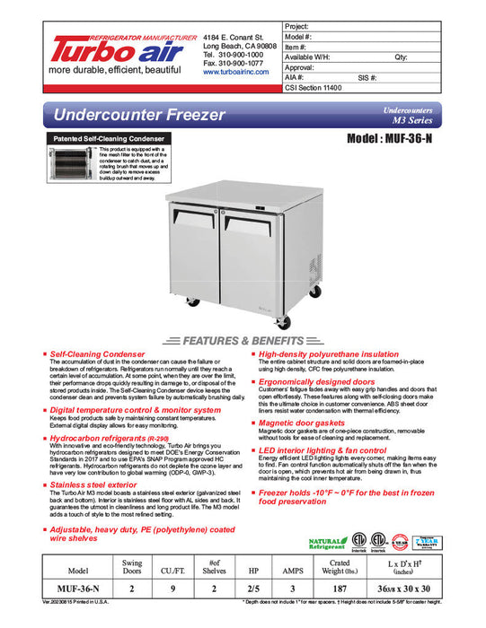 Turbo Air MUF-36-N 36 1/4" W Undercounter Freezer w/ 1 Section & 2 Solid Doors - Donut-Supplies.Com