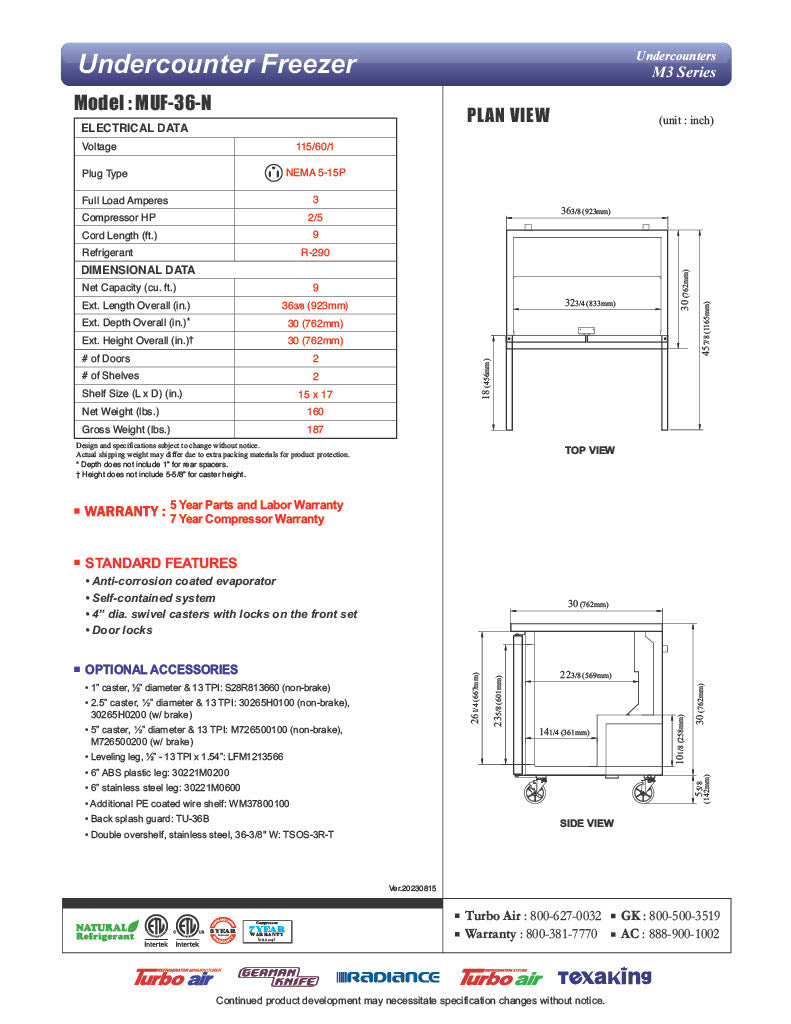 Turbo Air MUF-36-N 36 1/4" W Undercounter Freezer w/ 1 Section & 2 Solid Doors - Donut-Equipment.com