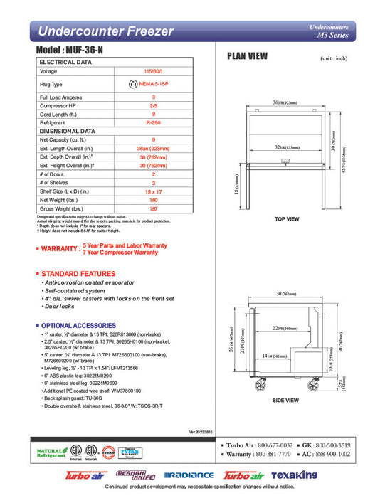 Turbo Air MUF-36-N 36 1/4" W Undercounter Freezer w/ 1 Section & 2 Solid Doors - Donut-Supplies.Com