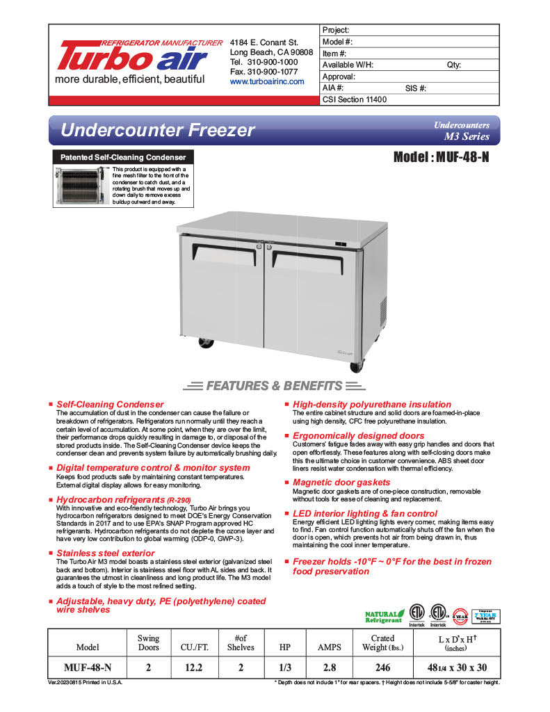 Turbo Air MUF-48-N 48 1/4" W Undercounter Freezer w/ 2 Sections & 2 Solid Doors - Donut-Equipment.com