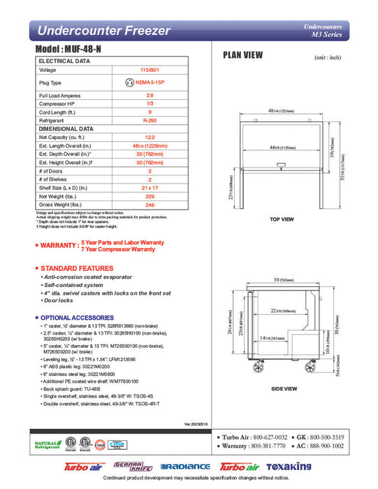 Turbo Air MUF-48-N 48 1/4" W Undercounter Freezer w/ 2 Sections & 2 Solid Doors - Donut-Supplies.Com