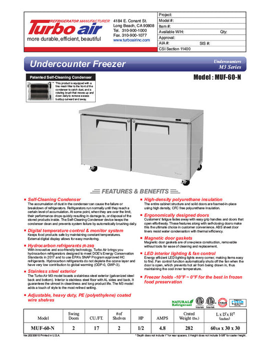 Turbo Air MUF-60-N 60 1/4" W Undercounter Freezer w/ 2 Sections & Solid Doors - Donut-Supplies.Com