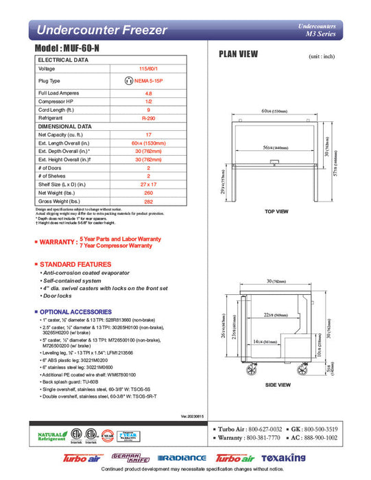Turbo Air MUF-60-N 60 1/4" W Undercounter Freezer w/ 2 Sections & Solid Doors - Donut-Supplies.Com