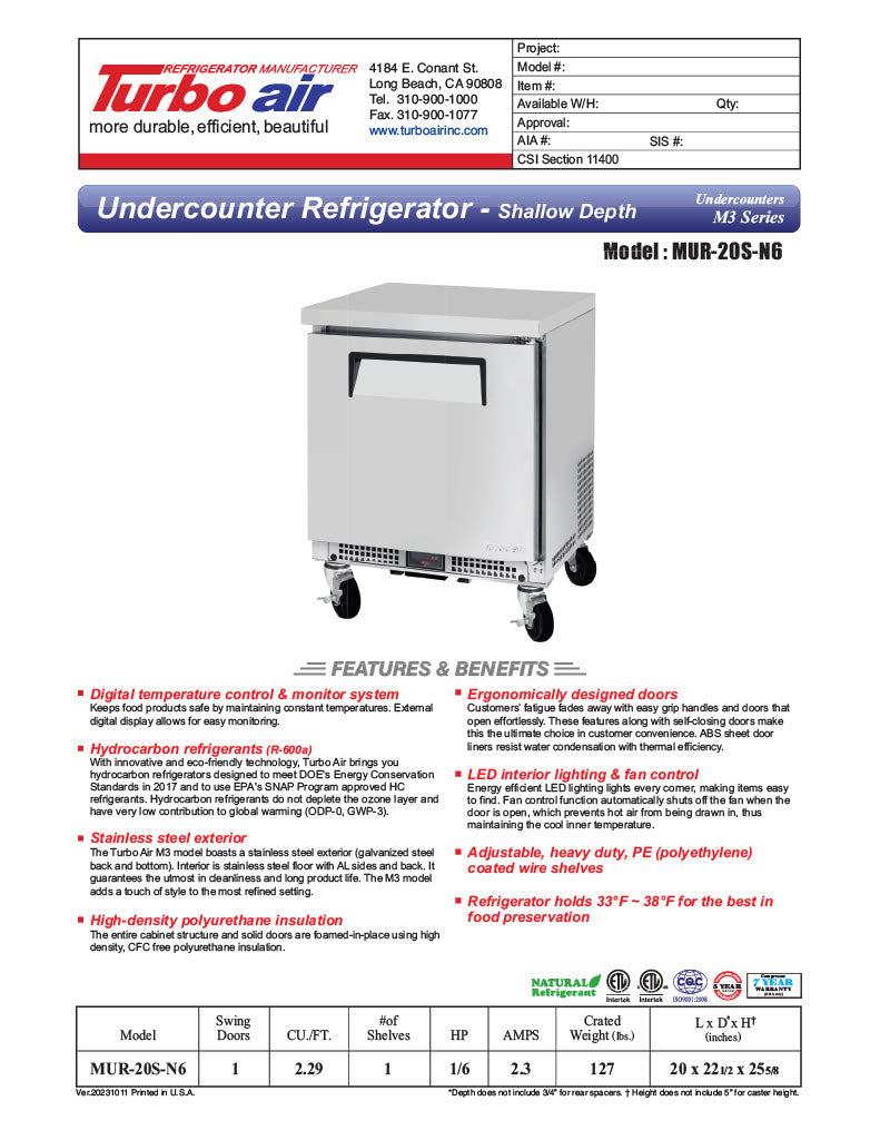 Turbo Air M3 MUR-20S-N6 20" Shallow Depth Low Profile Undercounter Refrigerator with 1 Solid Door - Donut-Equipment.com