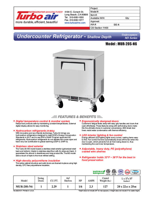 Turbo Air M3 MUR-20S-N6 20" Shallow Depth Low Profile Undercounter Refrigerator with 1 Solid Door - Donut-Supplies.Com