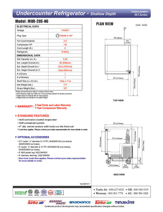 Turbo Air M3 MUR-20S-N6 20" Shallow Depth Low Profile Undercounter Refrigerator with 1 Solid Door - Donut-Supplies.Com