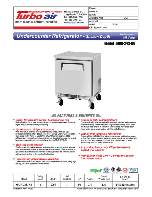 Turbo Air MUR-24S-N6 M3 Series 24" Shallow Depth Undercounter Refrigerator w/ 1 Section & Solid Door - Donut-Supplies.Com