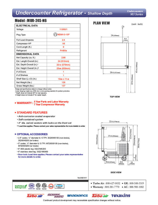 Turbo Air MUR-24S-N6 M3 Series 24" Shallow Depth Undercounter Refrigerator w/ 1 Section & Solid Door - Donut-Supplies.Com