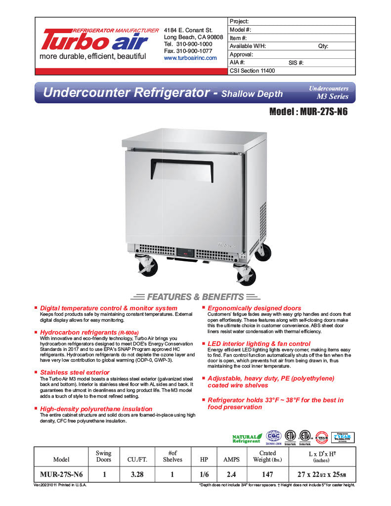 Turbo Air MUR-27S-N6 M3 Series 27" Shallow Depth Undercounter Refrigerator w/ 1 Section & Solid Door - Donut-Equipment.com