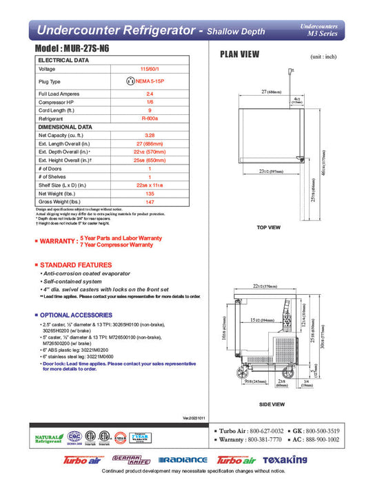 Turbo Air MUR-27S-N6 M3 Series 27" Shallow Depth Undercounter Refrigerator w/ 1 Section & Solid Door - Donut-Supplies.Com