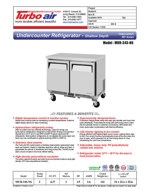 Turbo Air MUR-34S-N6 M3 Series 34" Shallow Depth Undercounter Refrigerator w/ 1 Section & 1 Solid Door - Donut-Supplies.Com